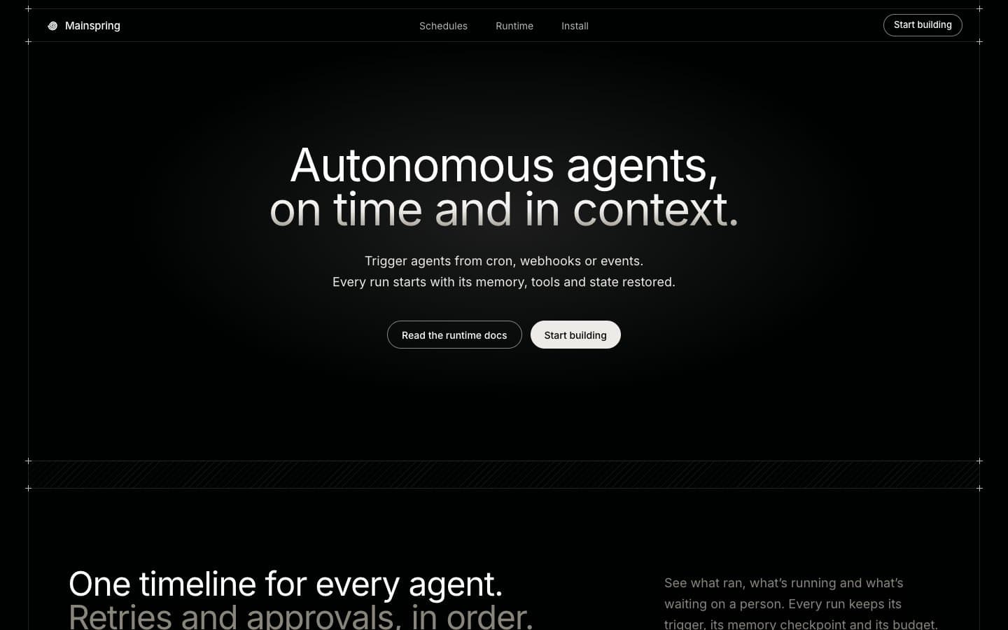 The Mainspring page, first screen